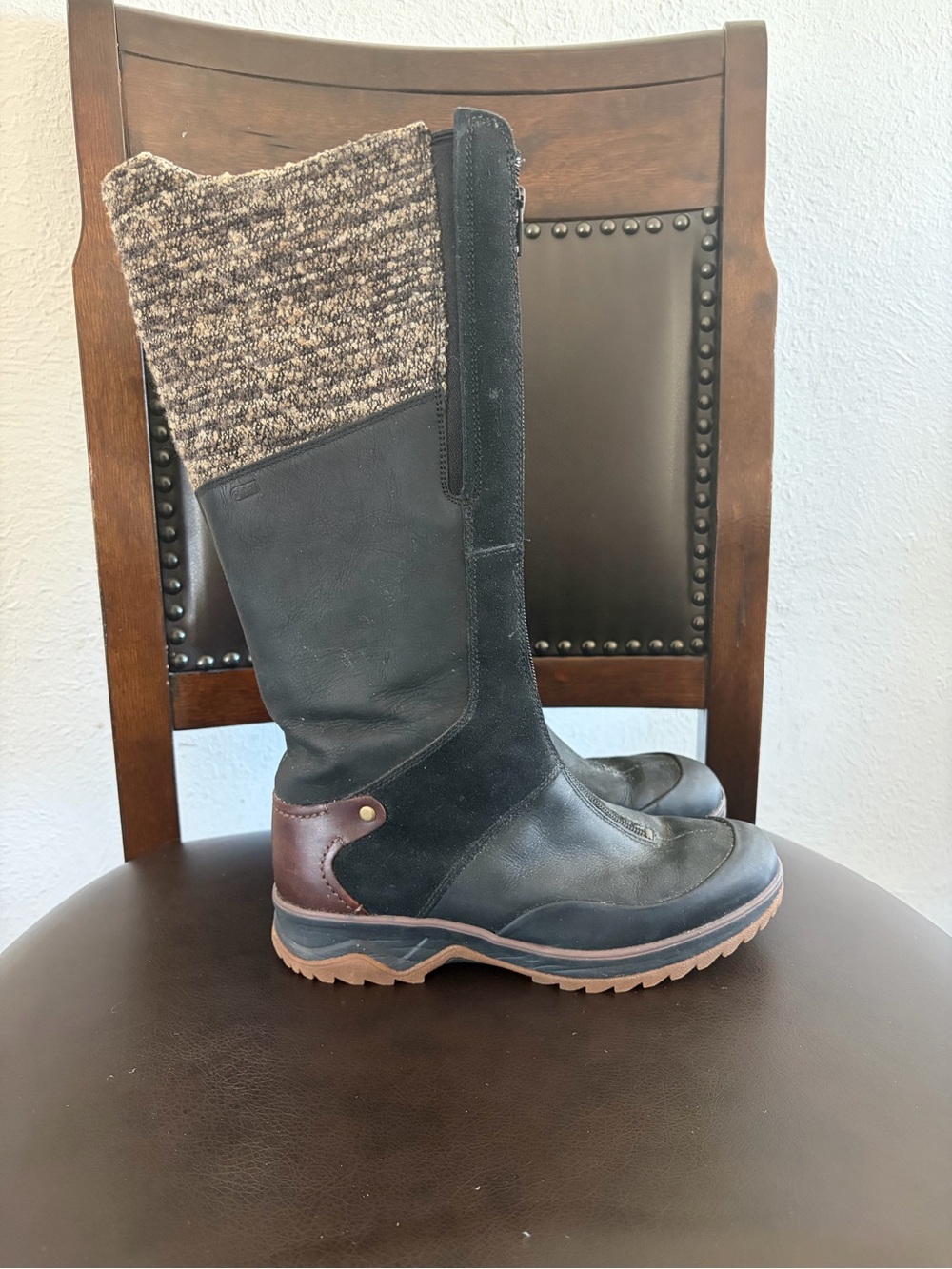 Merrell Black Leather Tall Boots with Brown Heel and Knit Cuff